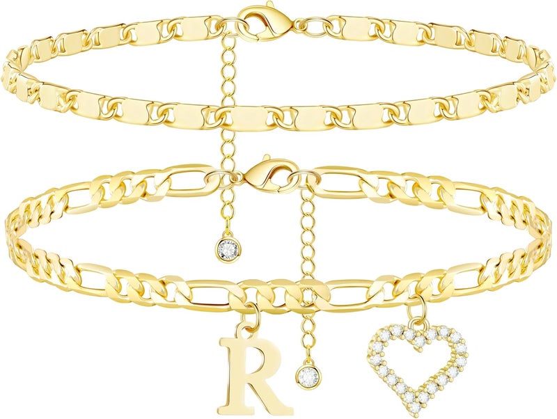 Wremily Initial Ankle Bracelets for Women Waterproof 14K Gold Plated Dainty Layered Figaro Chain Letter Initial CZ Heart Ankle Bracelets Set Summer Beach Jewelry for Women - Image 1